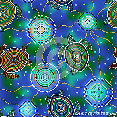 Australian Aboriginal Art. Sea turtles and jellyfish. Seamless pattern. Background green blue blur Stock Photo