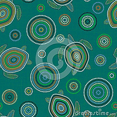 Australian Aboriginal Art. Sea turtles. Seamless pattern. Background green Vector Illustration
