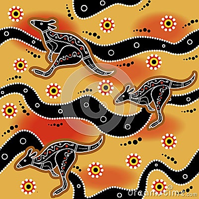 Australian aboriginal art seamless vector pattern with dotted circles, kangaroo, crooked stripes and other typical ethnic elements Stock Photo