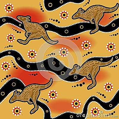 Australian aboriginal art seamless vector pattern with dotted circles, kangaroo, crooked stripes and other typical ethnic elements Stock Photo
