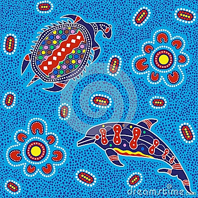 Australian aboriginal art seamless vector pattern with dolphin, turtle and other dotted typical elements Stock Photo