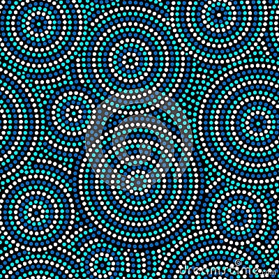 Australian aboriginal dot art circles abstract geometric seamless pattern in blue and white, vector Vector Illustration