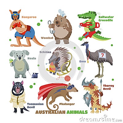 Australian animals vector cartoon animalistic character in wildlife Australia kangaroo sportsman koala crocodile in Vector Illustration