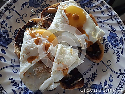 Australian Breakfast Fried Eggs on Toast with Vege Stock Photo