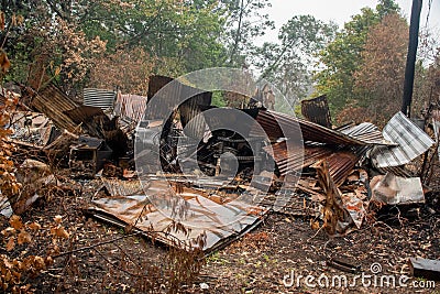 Australian bushfire aftermath: Burnt building ruins and rubble Editorial Stock Photo