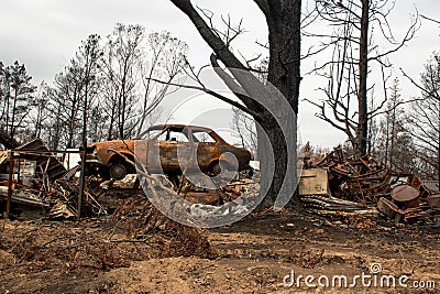 Australian bushfire aftermath: Burnt debris and rubble Stock Photo