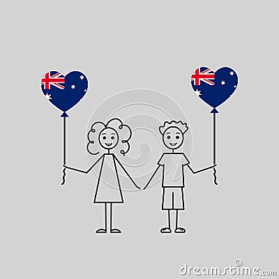 australian children, love Australia sketch, girl and boy with a heart shaped balloons, black line vector illustration Vector Illustration