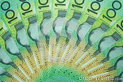 Australian dollar, Australia money 100 dollars banknotes stack on white background Stock Photo