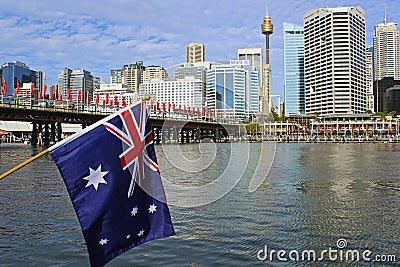 Australian flag and Darling Harbour on Australia Day, Sydney Editorial Stock Photo