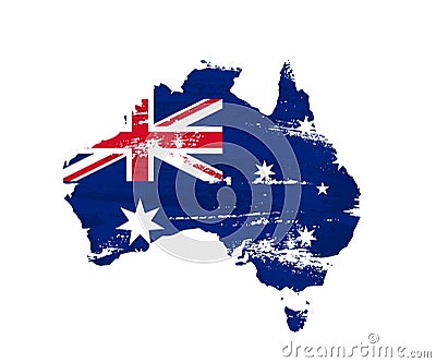 Australian flag on grunge map of Australia isolated on white background. Vector illustration. Vector Illustration