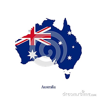 Australian flag on map of Australia isolated on white background. Vector illustration. Vector Illustration
