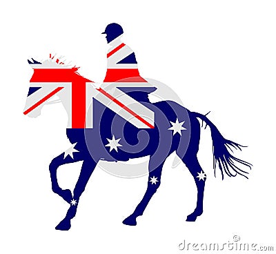 Australian flag over elegant racing horse in gallop vector illustration isolated on white. Hippodrome entertainment and gambling. Vector Illustration