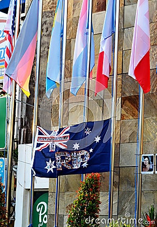 Australian Flag With Photos of Victims of Bali Bombing Plot During Memorial After 15 years Editorial Stock Photo