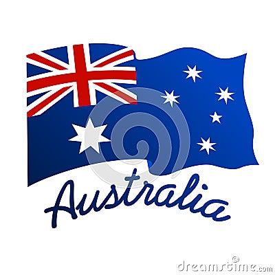 Australian flag in wind with word Australia Vector Illustration