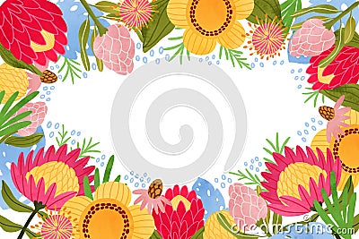 Australian flowers frame. Big bright protea flowers banner, hand drawn tropical plants, leaves border Cartoon Illustration