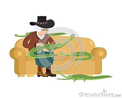 Australian grandmother and crocodile. Australia old woman and an Vector Illustration