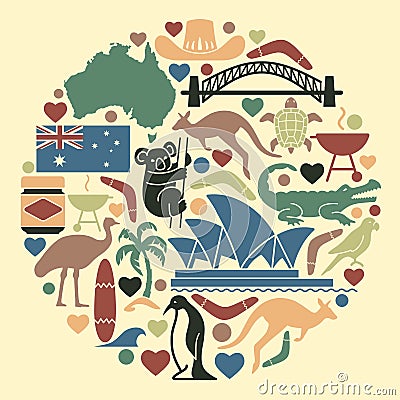 Australian icons in the form of a circle Vector Illustration