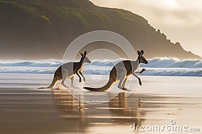 Australian kangaroos beach. Generate Ai Stock Photo