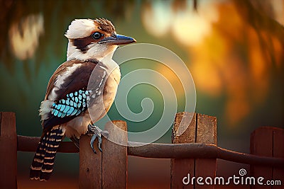 Australian Kookaburra sitting on a wooden fence Stock Photo