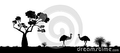 Australian landscape. Black silhouette of emu ostrich on white background. The nature of Australia Vector Illustration