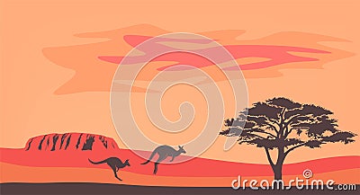 Australian landscape with kangaroo and acacia Vector Illustration