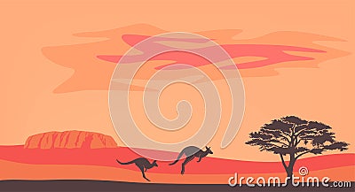 Australian landscape with kangaroo and ayers rock Vector Illustration