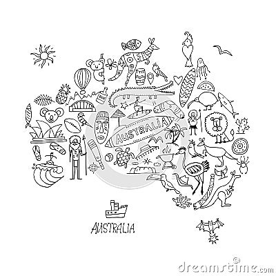 Australian map with icons set, sketch for your design Vector Illustration