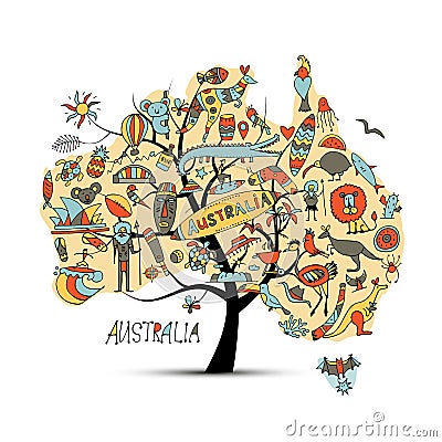 Australian map tree with icons set, sketch Vector Illustration