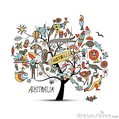 Australian map tree with icons set, sketch Vector Illustration