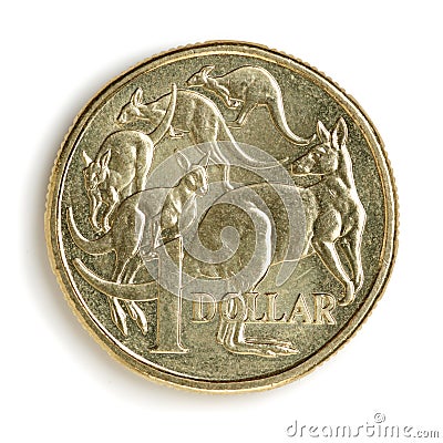 Australian one dollar coin, with kangaroos, in close-up with soft shadow Stock Photo