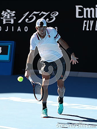 2019 Australian Open champion Lorenzo Musetti of Italy in action during his Boys` Singles final match in Melbourne Park Editorial Stock Photo