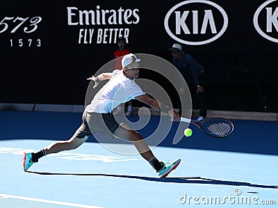 2019 Australian Open champion Lorenzo Musetti of Italy in action during his Boys` Singles final match in Melbourne Park Editorial Stock Photo