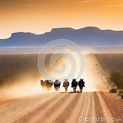 Australian outback landscape with on horse herding cattle along a dusty road at Cartoon Illustration