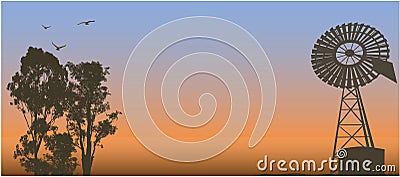 Outback Australia trees and windmill Vector Illustration