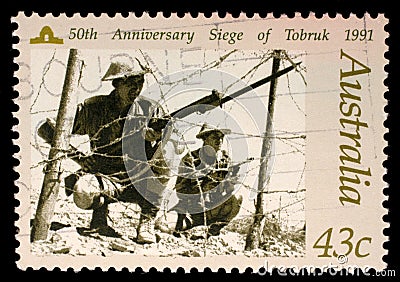Australian postage stamp depicting 50-th anniversary siege of Tobruk Editorial Stock Photo