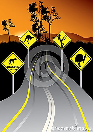 Australian road signs beside the road Vector Illustration