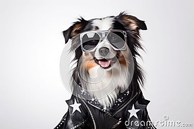 Australian Shepherd Dog Dressed As A Rockstar On White Background Stock Photo