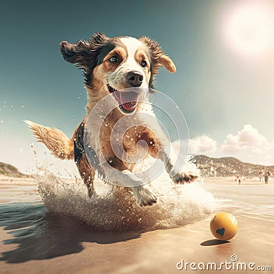 Australian shepherd dog summer activity. Dog australian shepherd breed in running and playing ball Stock Photo