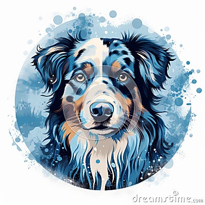 Australian Shepherd Dog With Watercolor Background Cartoon Illustration