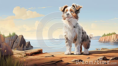 Australian Shepherd Portrait: Delicate 2d Game Art Of A Dog By The Sea Stock Photo