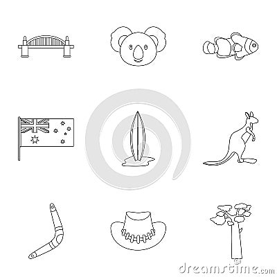 Australian symbols icon set, outline style Vector Illustration