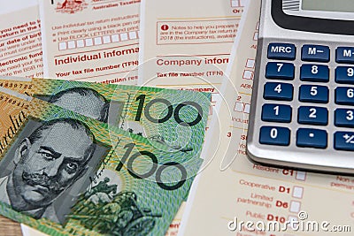 Australian taxation company, individual form with aud banknotes Stock Photo