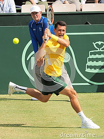 Australian Tennis player Bernard Tomic during Davis Cup singles against Jack Sock Editorial Stock Photo