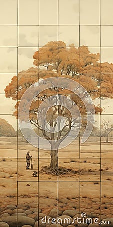Australian Tonalism: A Captivating Tile Mural With Desert, Statue, And Tree Cartoon Illustration