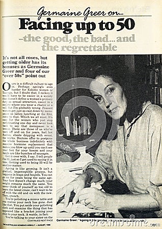 1986 Australian Women`s Weekly magazine Germaine Greer article. Editorial Stock Photo