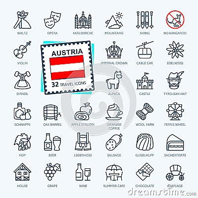 Austria, Austrian, Tyrolean - minimal thin line web icon set. Vector Illustration