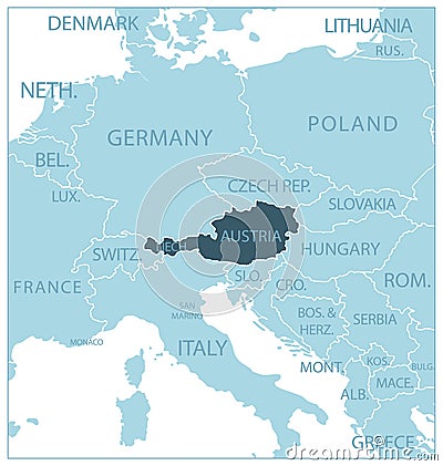 Austria - blue map with neighboring countries and names Cartoon Illustration