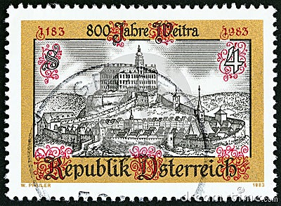 AUSTRIA - CIRCA 1983: A stamp printed in Austria issued for the 800th anniversary of Weitra shows Weitra, circa 1983. Editorial Stock Photo