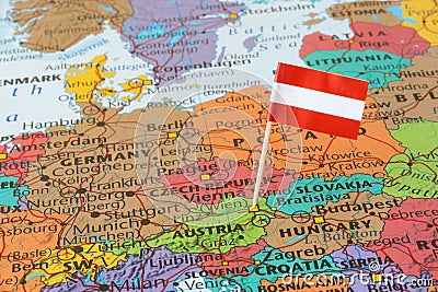 Austria flag pin on map Stock Photo