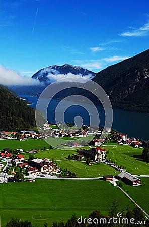 Austria: Airshot from Tyrolean mountain village Pertisau Stock Photo